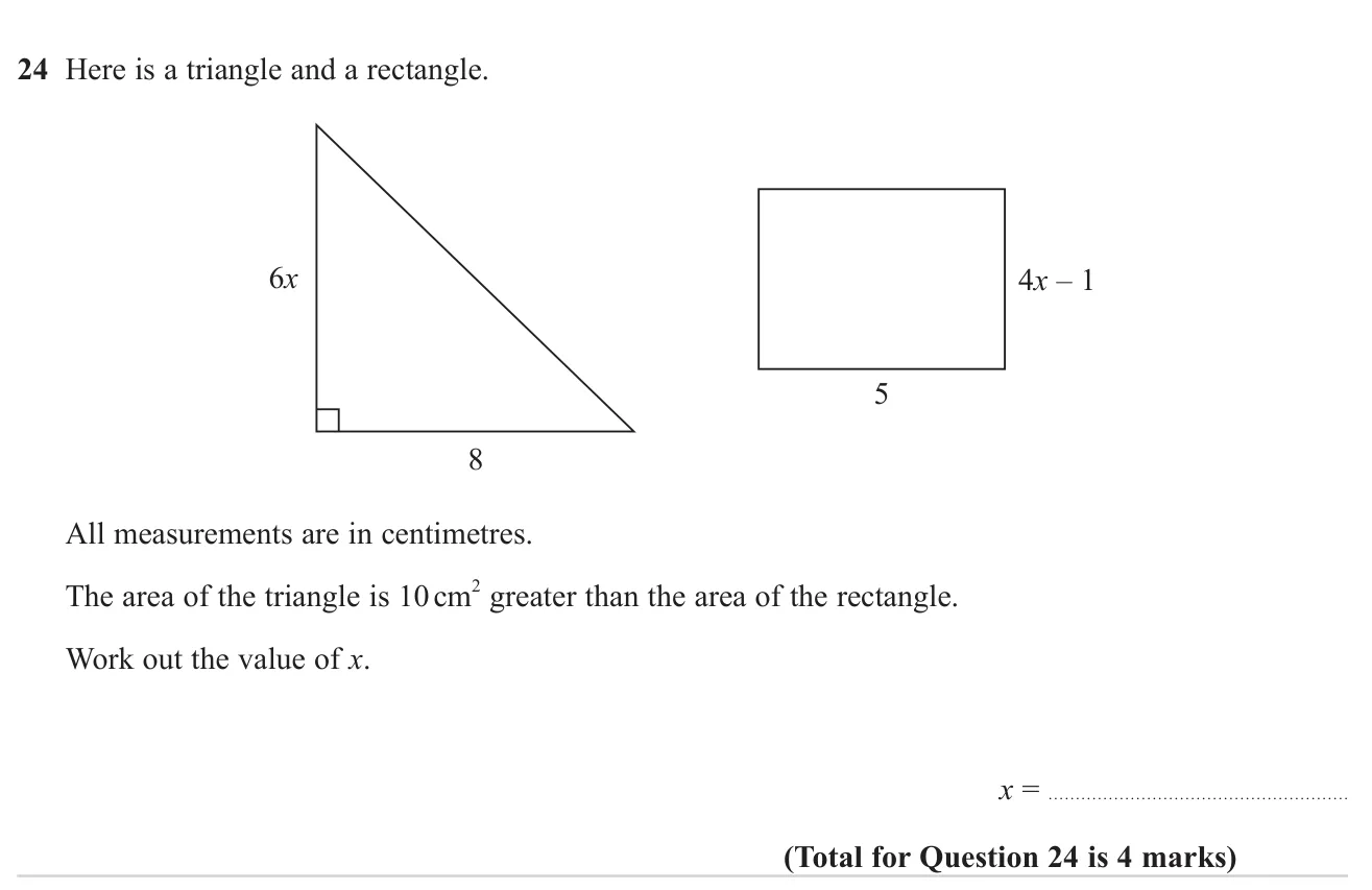 Form and solve an equation using the areas of a triangle and a rectangle with algebraic sides.