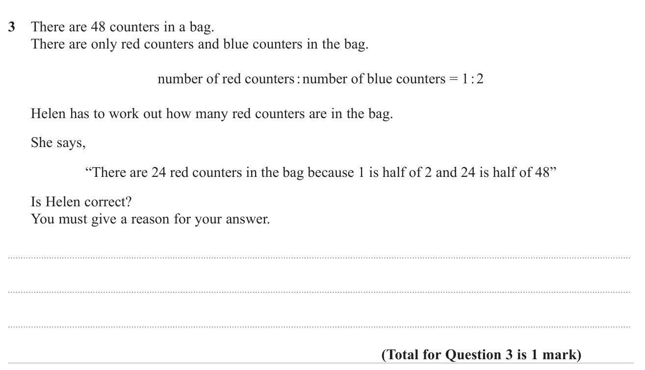 Decide whether a claim about how many red counters there are, given a red-to-blue ratio, is correct.