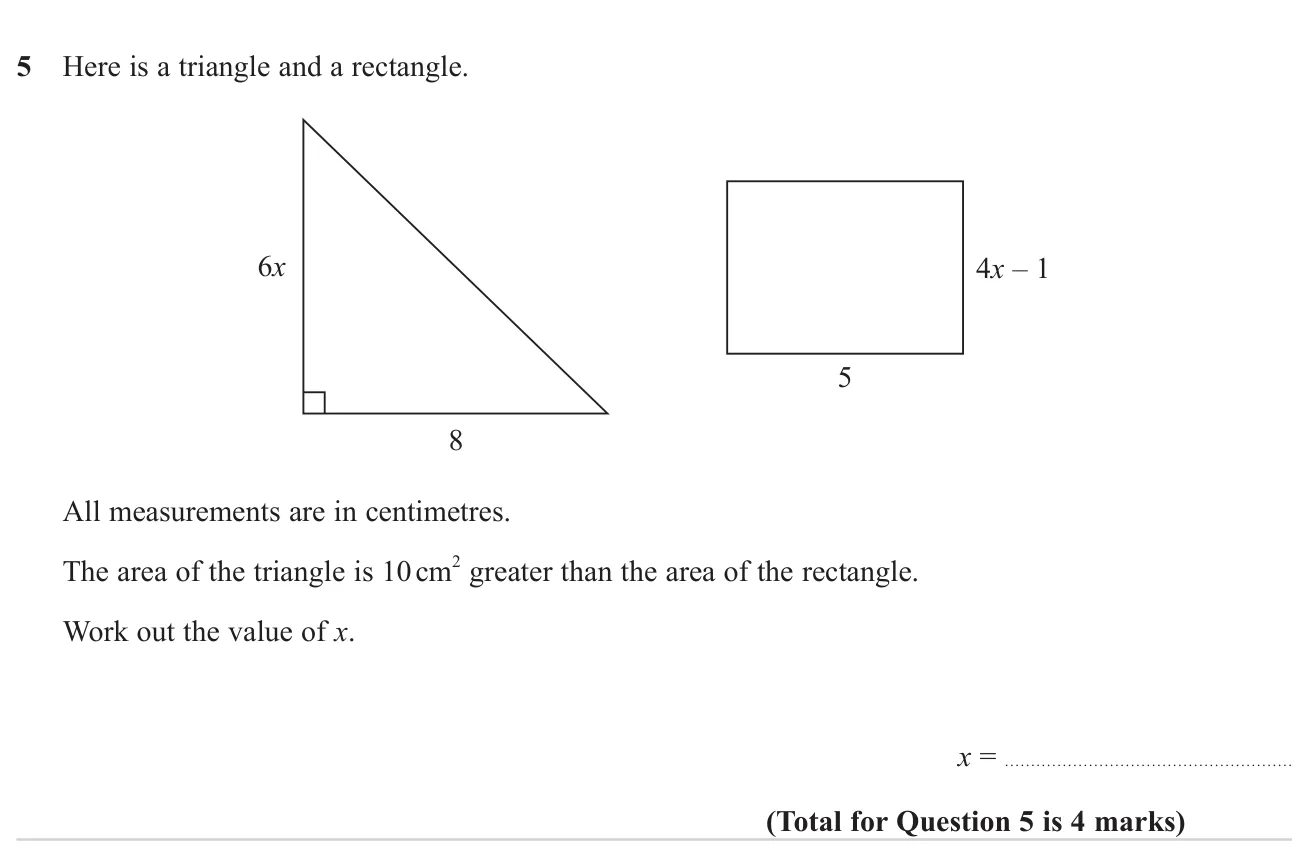 Form and solve an equation using the areas of a triangle and a rectangle with algebraic sides.