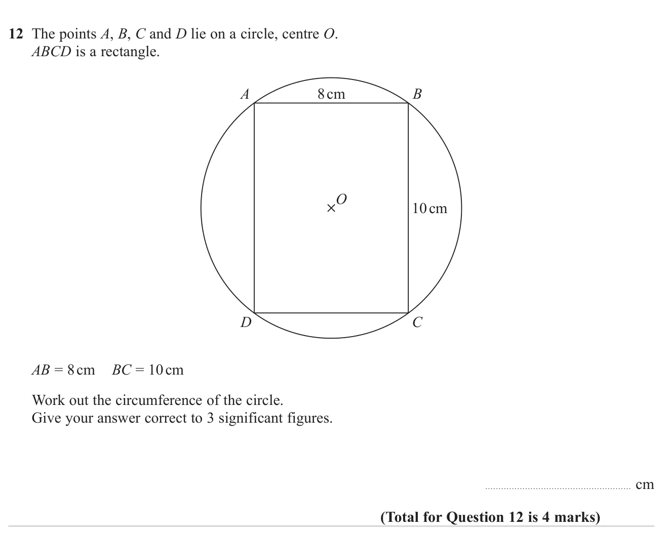 Use Pythagoras on a rectangle inside a circle to find the diameter, then the circumference.