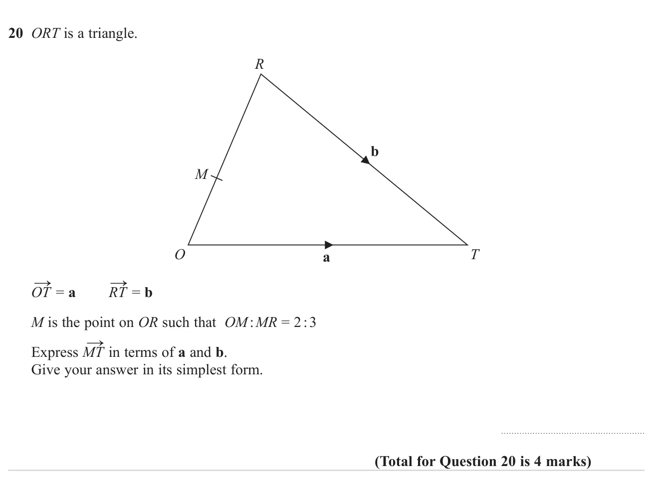 Use a ratio along one side of a triangle to write a vector in terms of two given vectors.