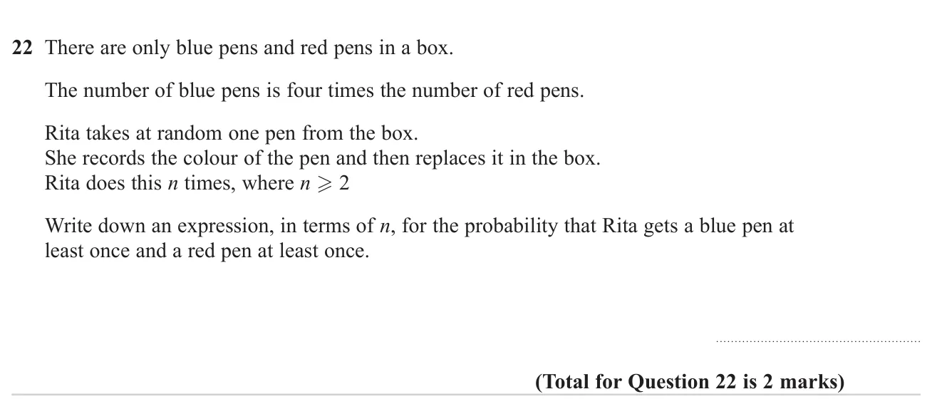 Write an expression in n for the probability of getting at least one of each of two colours when sampling with replacement n times.