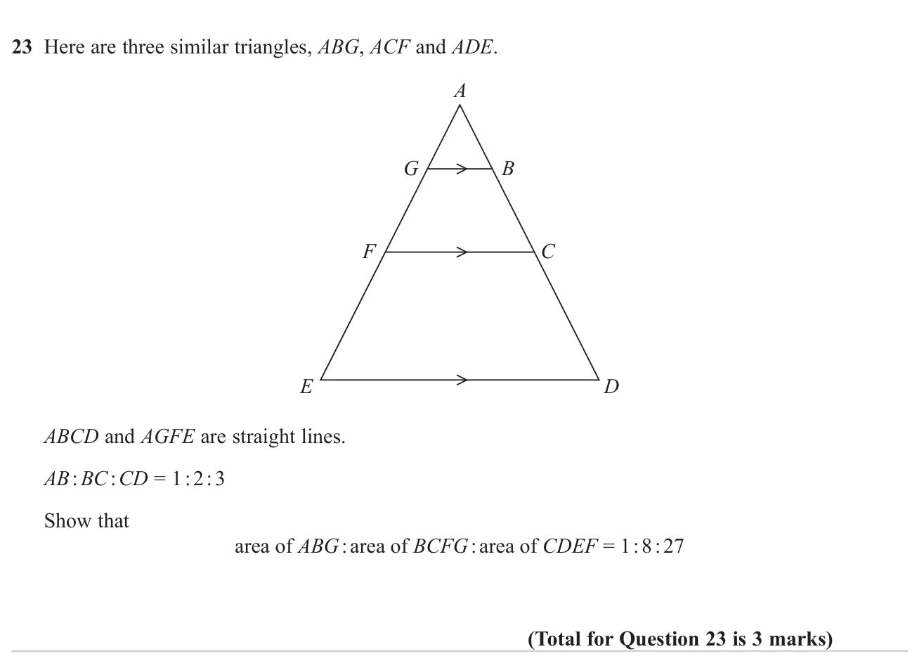 Use the area scale factor for similar triangles to prove the ratio of three regions formed between them.