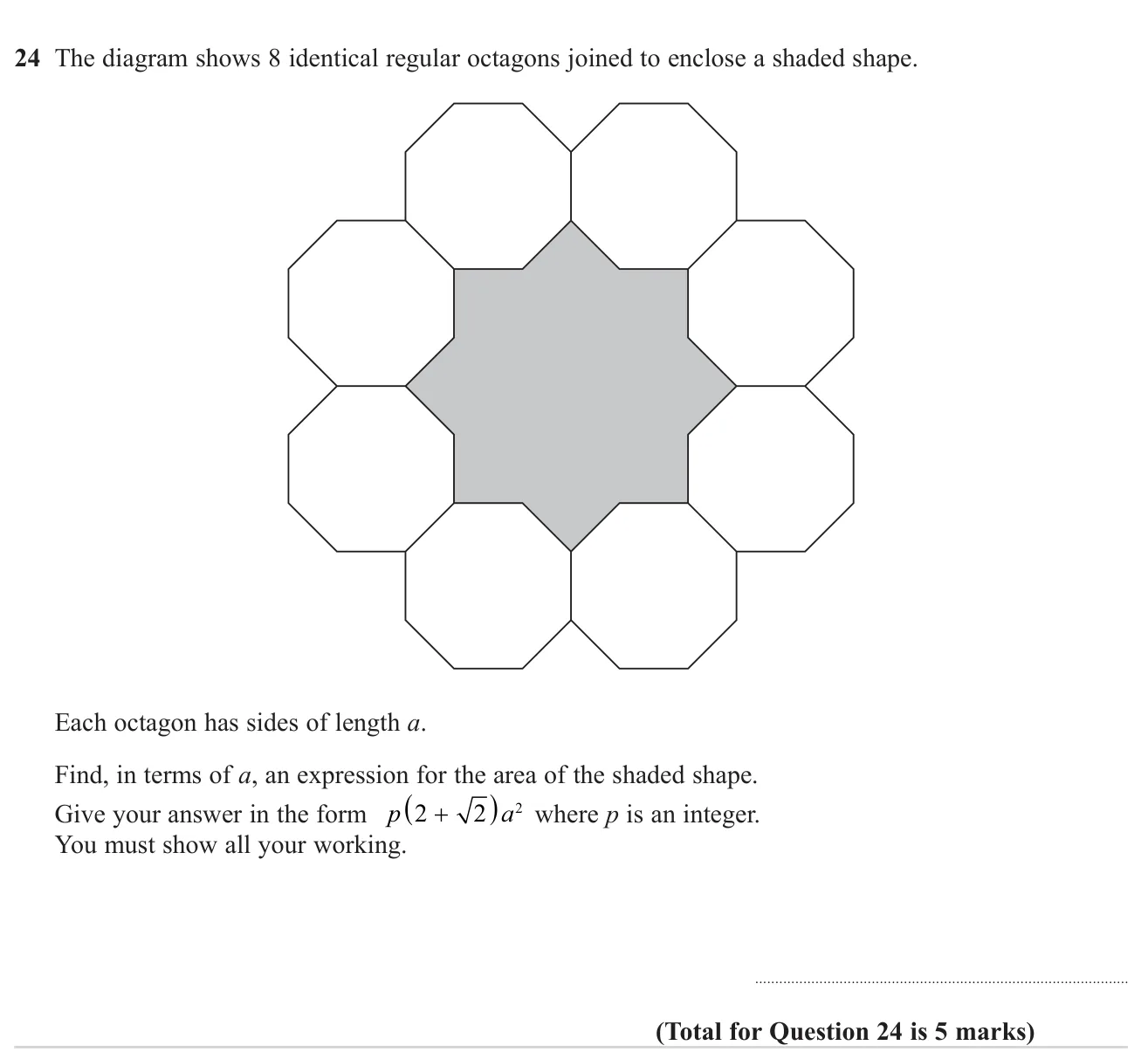 Find the exact area of a star-shaped region enclosed by eight regular octagons, in surd form.