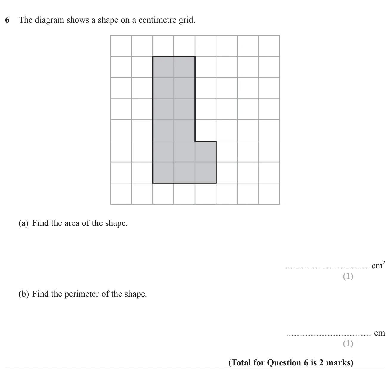 Find the area and perimeter of an L-shape drawn on a centimetre grid.