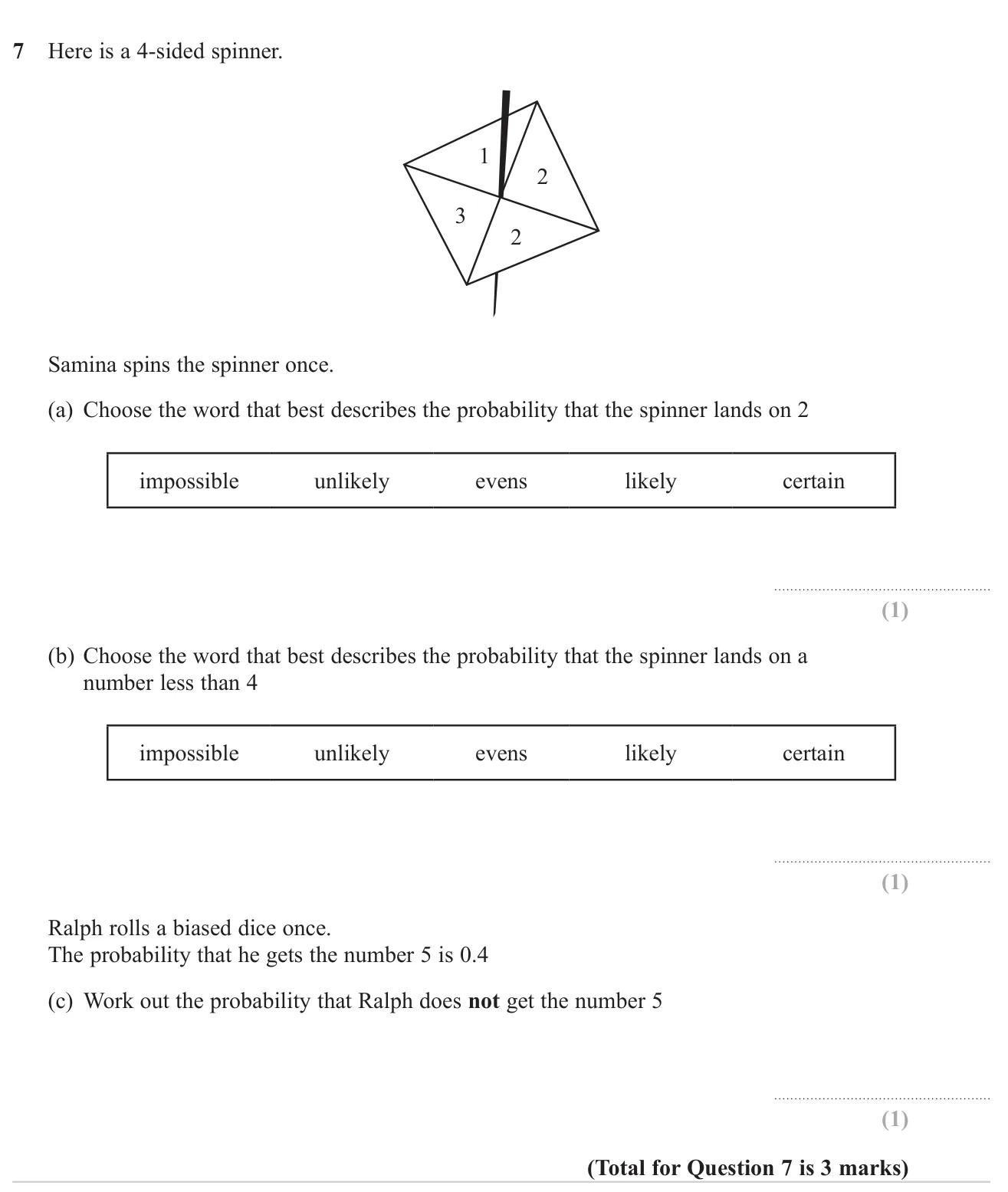 Describe probabilities on a spinner in words, then find the probability of an event not happening.