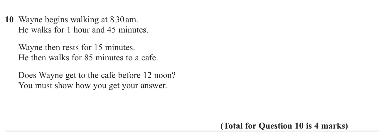 Add walking and resting times to a start time and decide whether someone arrives before midday.