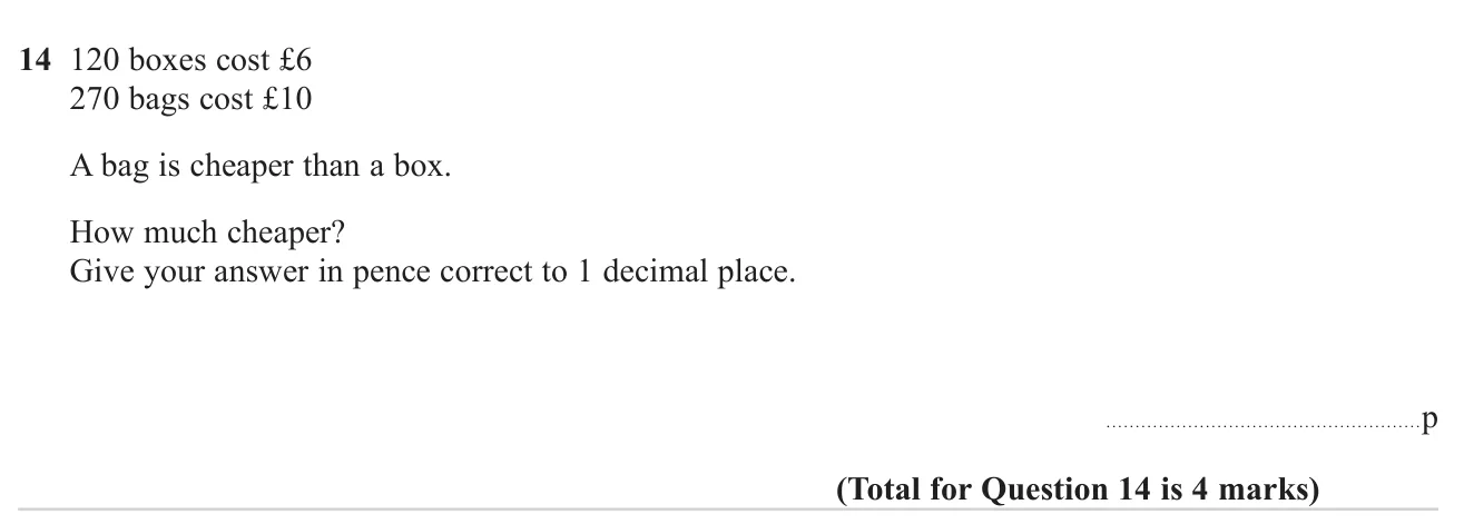 Compare unit costs of two items bought in bulk and give the difference in pence to 1 d.p.