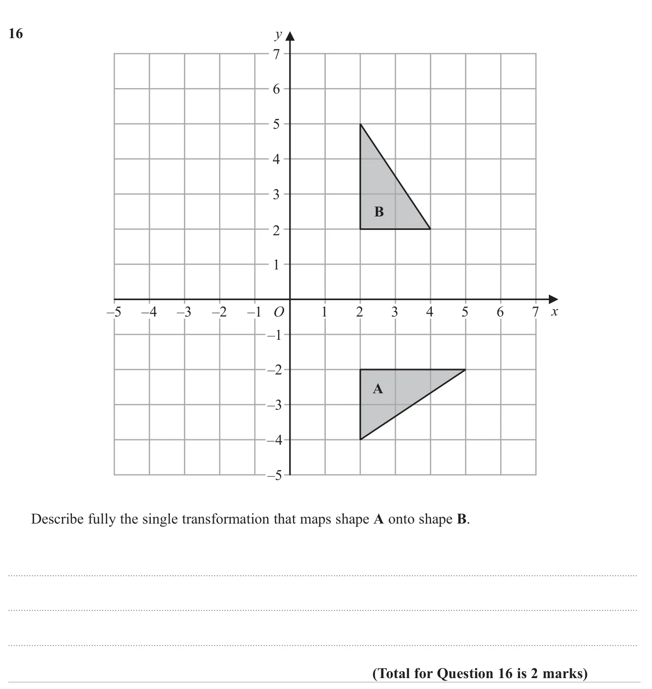 Describe fully the rotation that maps one triangle onto another on a coordinate grid.
