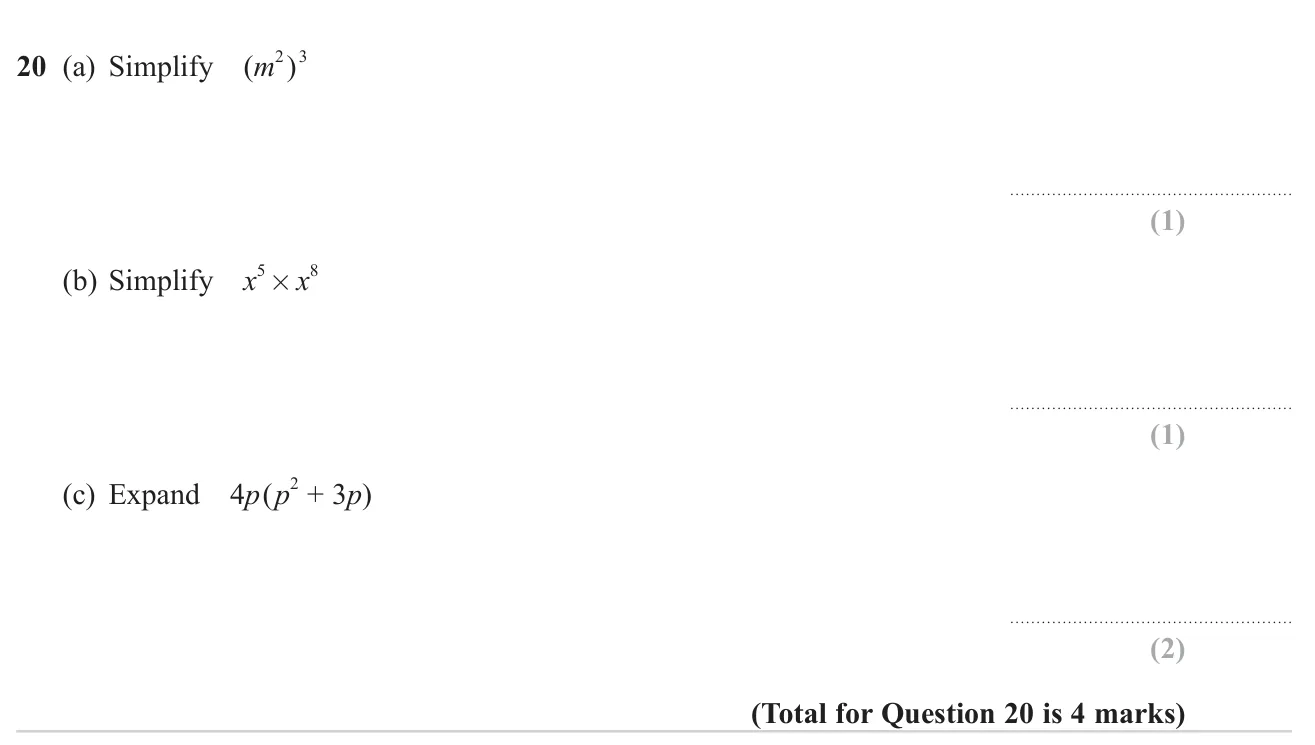 Simplify powers using index laws and expand a single bracket.