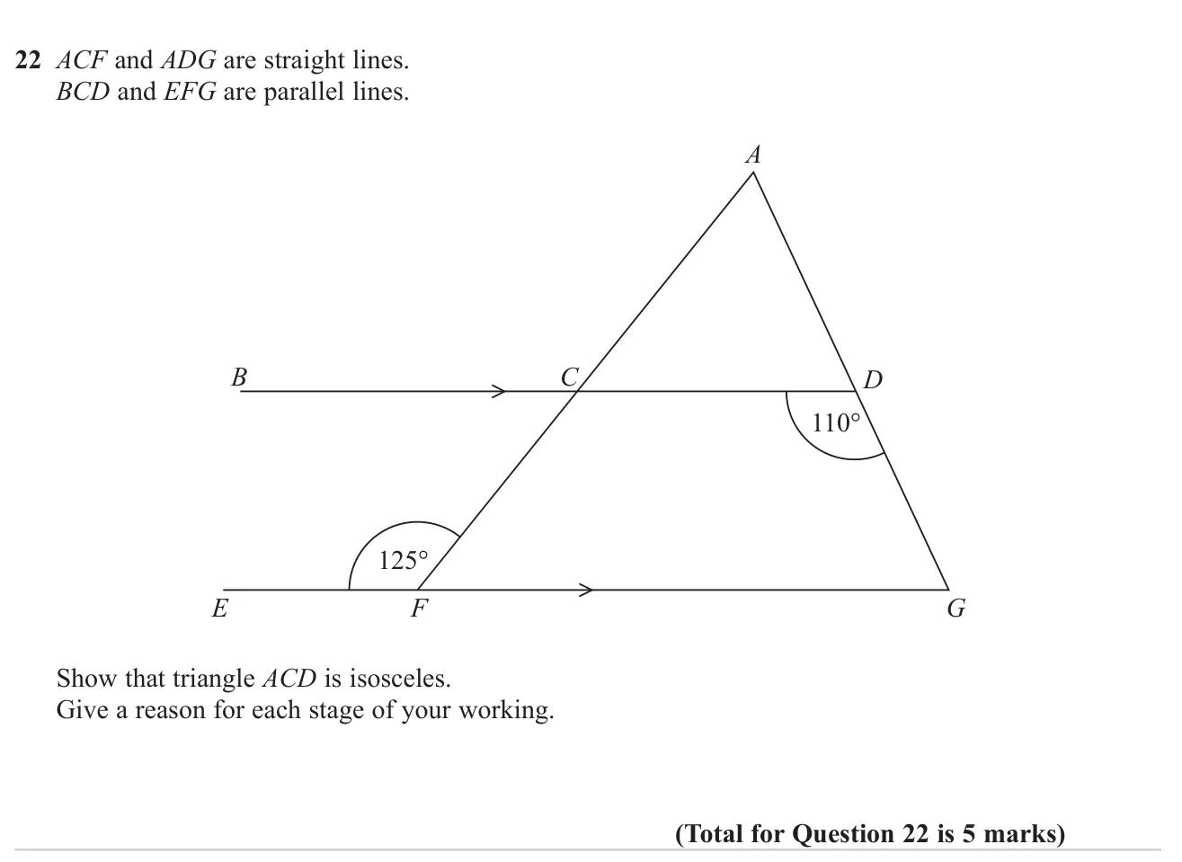Prove a triangle is isosceles using parallel-line and triangle angle facts with reasons.