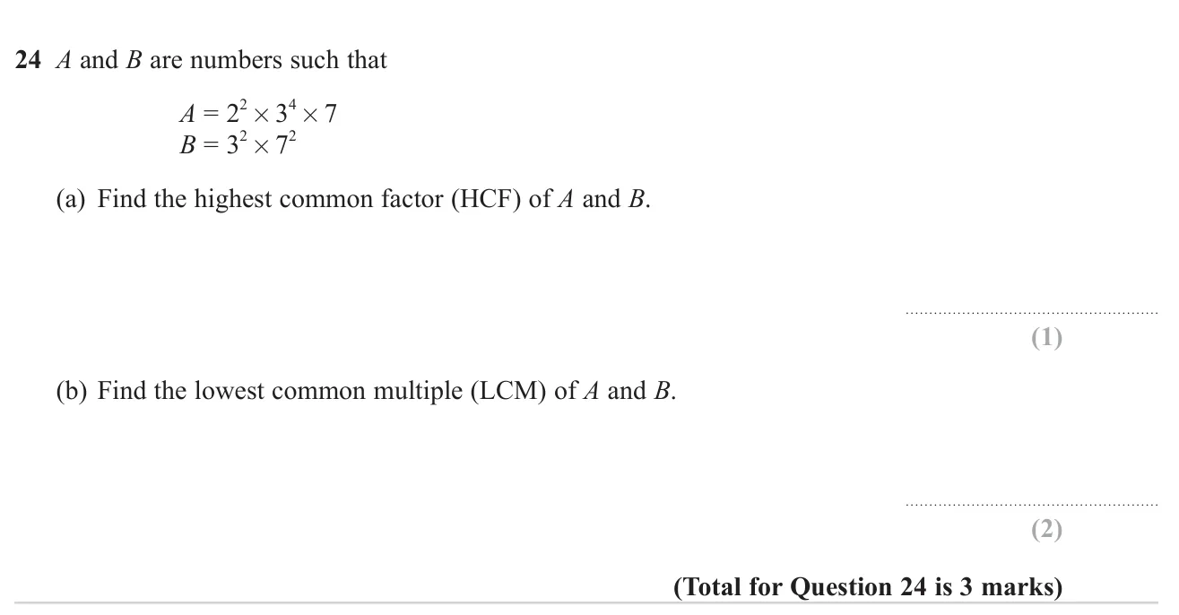 Find the HCF and LCM of two numbers given as products of prime powers.