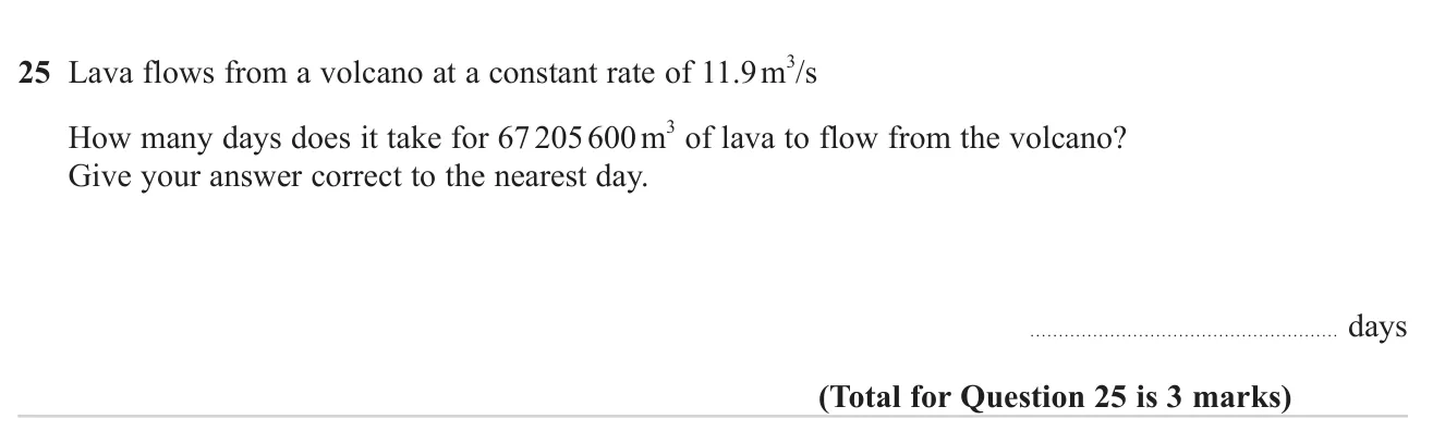 Use a flow rate in cubic metres per second to find a time in days.
