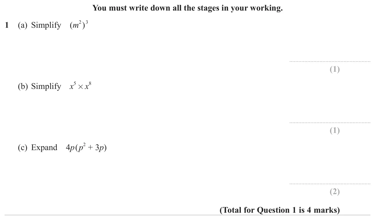 Simplify powers using index laws and expand a single bracket.