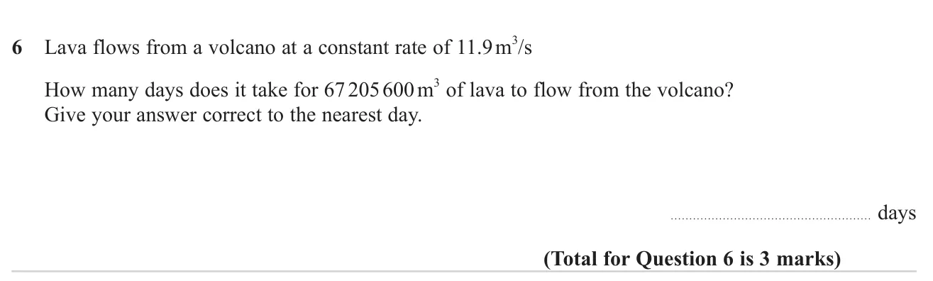 Use a flow rate in cubic metres per second to find a time in days.