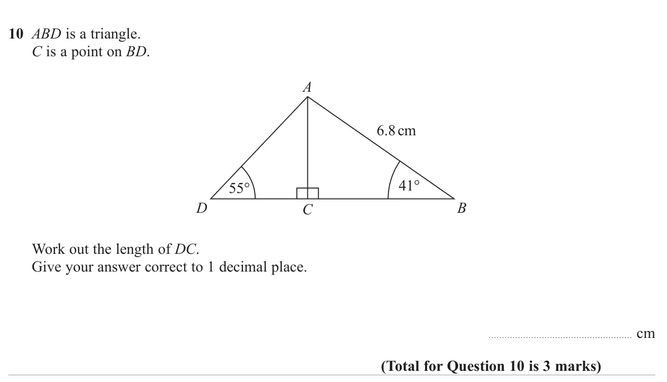 Use right-angled trigonometry in two triangles sharing a height to find a length.