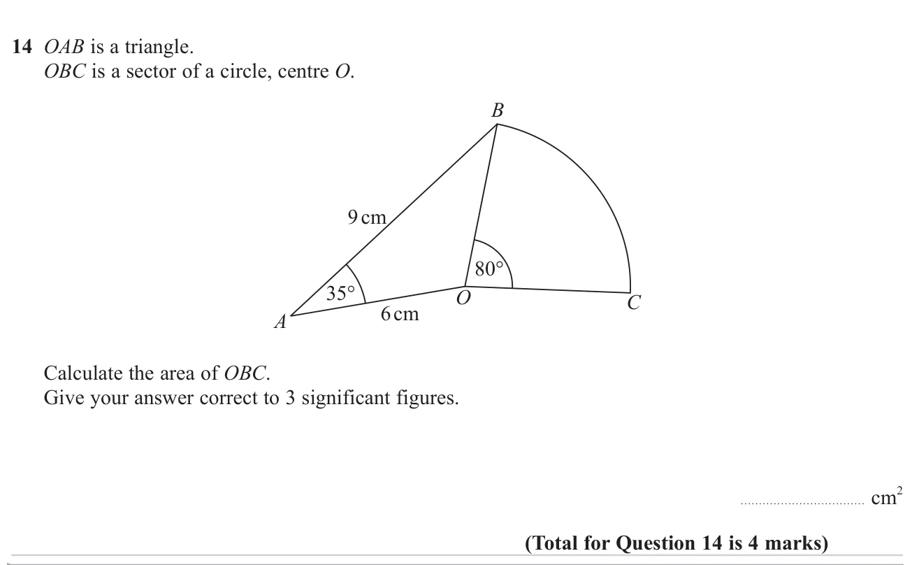 Use the cosine rule to find a radius, then work out the area of a sector.