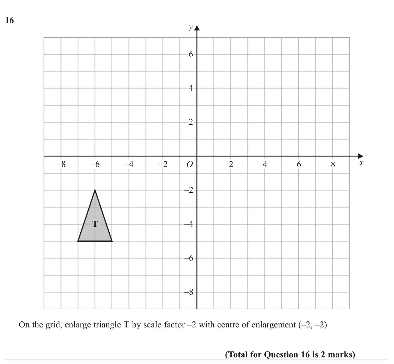 Enlarge a triangle on a grid by a negative scale factor about a given centre.