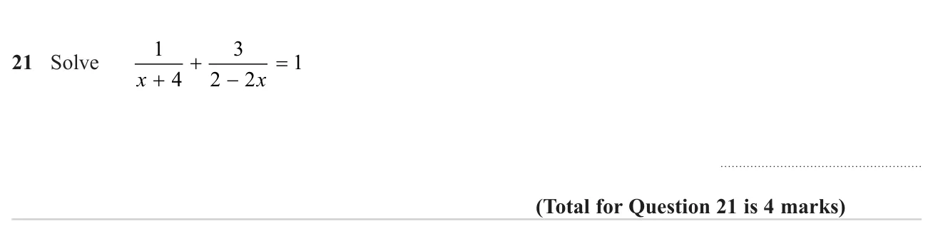 Solve an equation with two algebraic fractions by clearing denominators and solving the resulting quadratic.