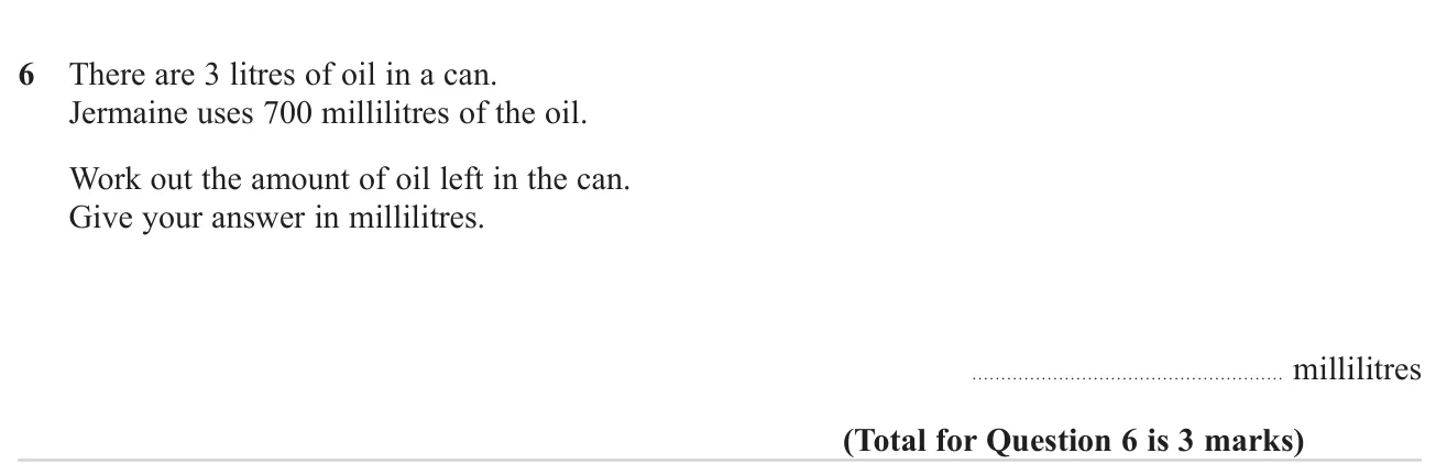 Convert litres to millilitres and subtract an amount used.