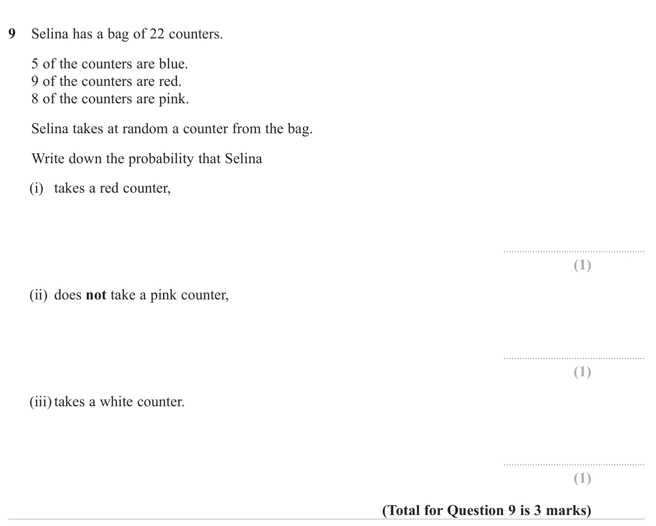 Write down probabilities of picking counters of given colours from a bag, including an impossible colour.