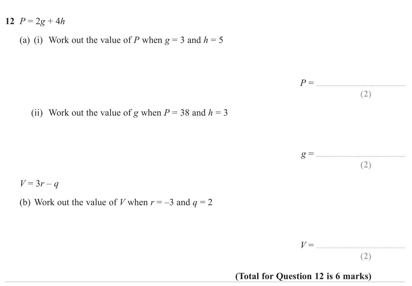 Substitute values into linear formulae, including finding an unknown and using a negative number.
