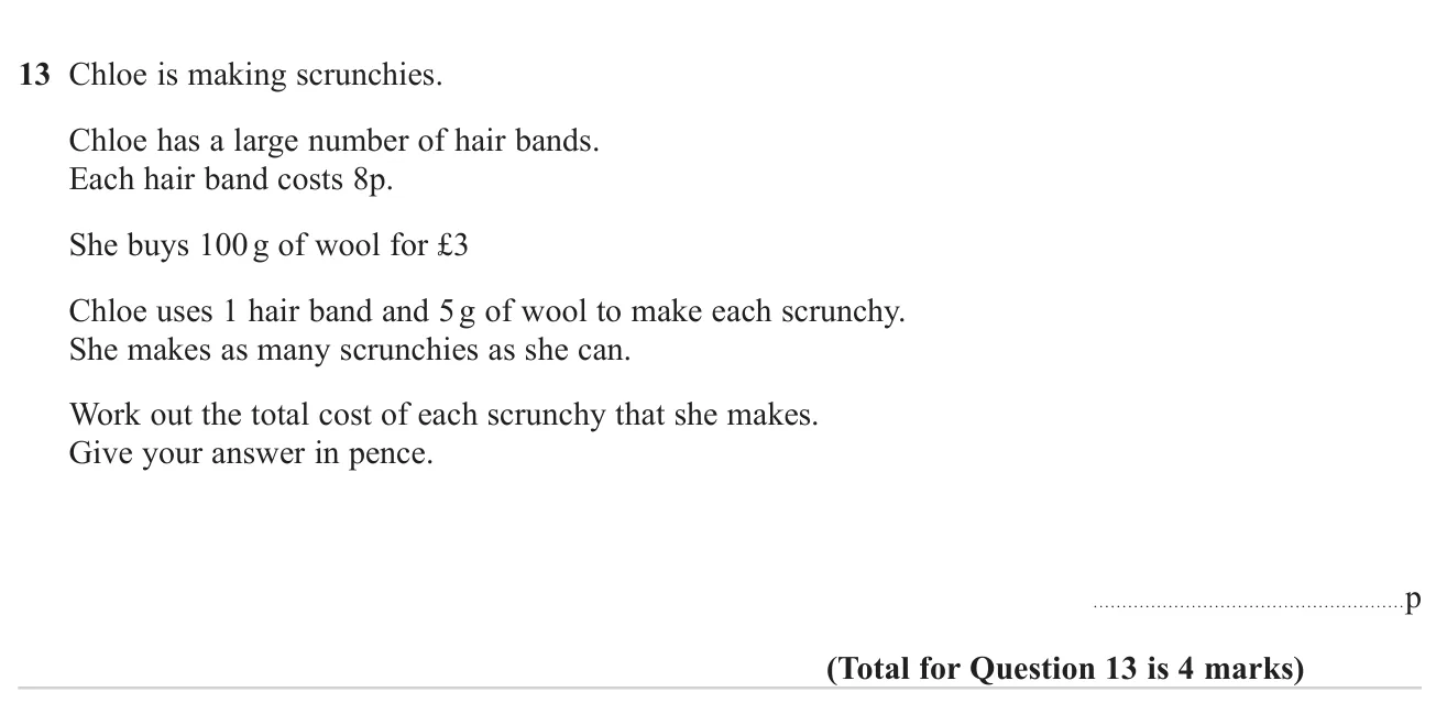 Work out the cost of making one item from the price of wool by mass and a fixed cost per item.