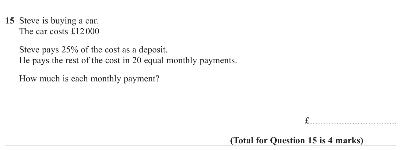 Find a monthly payment after a percentage deposit is paid on a car.