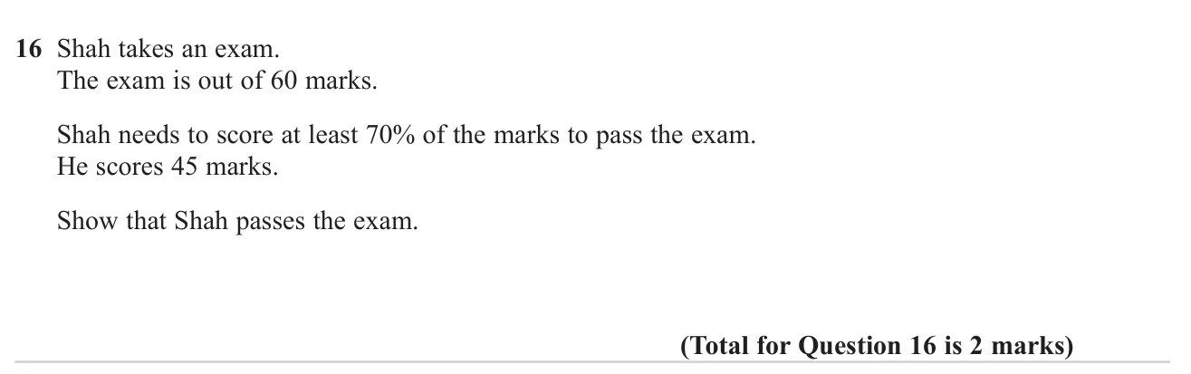 Show that a test score meets a percentage pass mark.