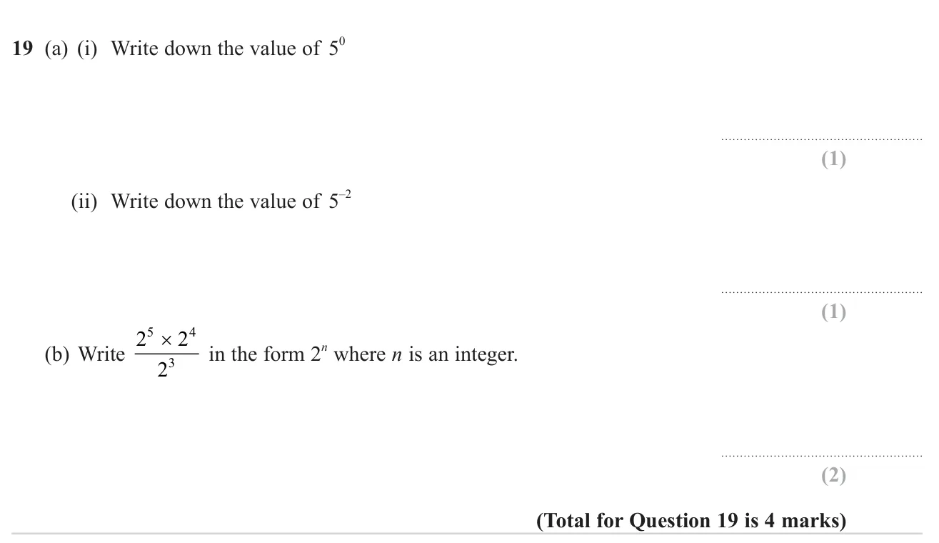 Evaluate a zero and a negative power, and simplify a calculation with powers of 2 using index laws.