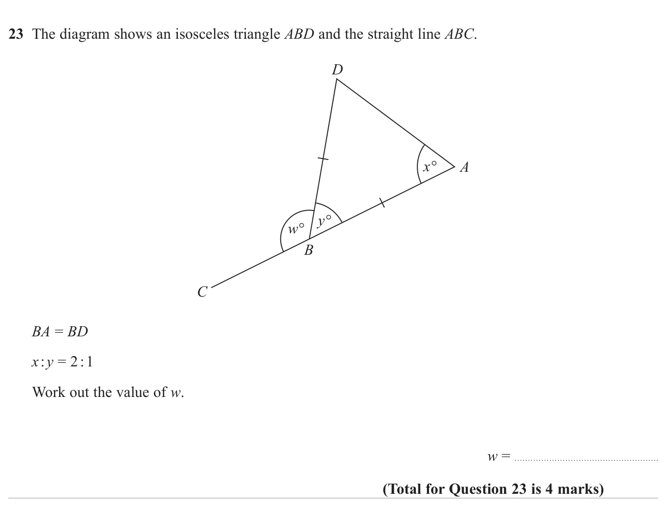 Use an isosceles triangle, a ratio of angles and angles on a straight line to find an exterior angle.