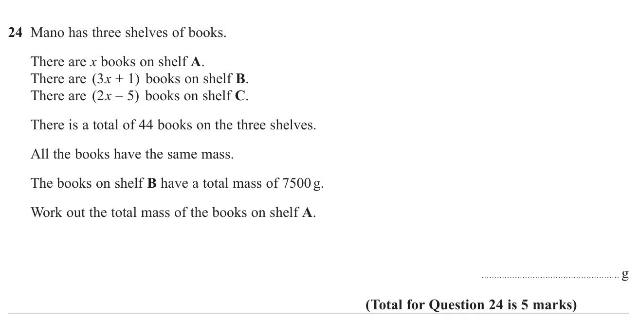Form and solve a linear equation from a total of books, then use proportion to find the mass of some of them.