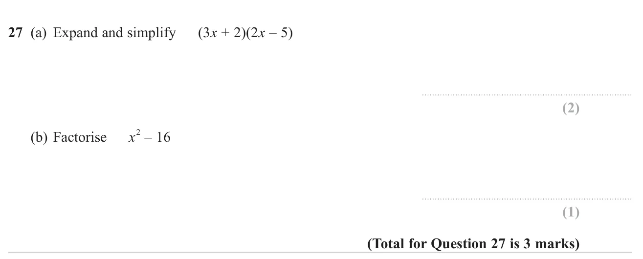 Expand and simplify the product of two binomials and factorise a difference of two squares.