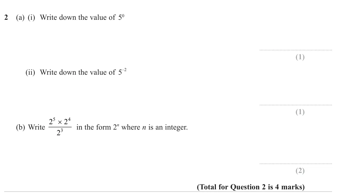Evaluate a zero power and a negative power of 5, then simplify a product and quotient of powers of 2.