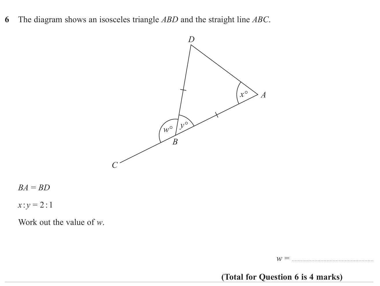 Use an isosceles triangle, a ratio of angles and angles on a straight line to find an exterior angle.