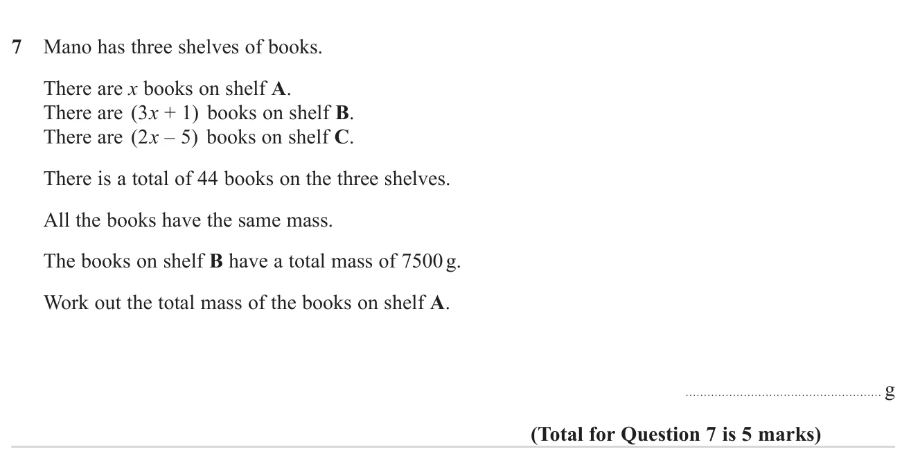 Form and solve a linear equation from a total of books, then use proportion to find the mass of some of them.