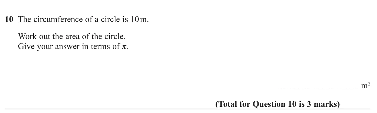 Find the area of a circle in terms of pi when its circumference is known.
