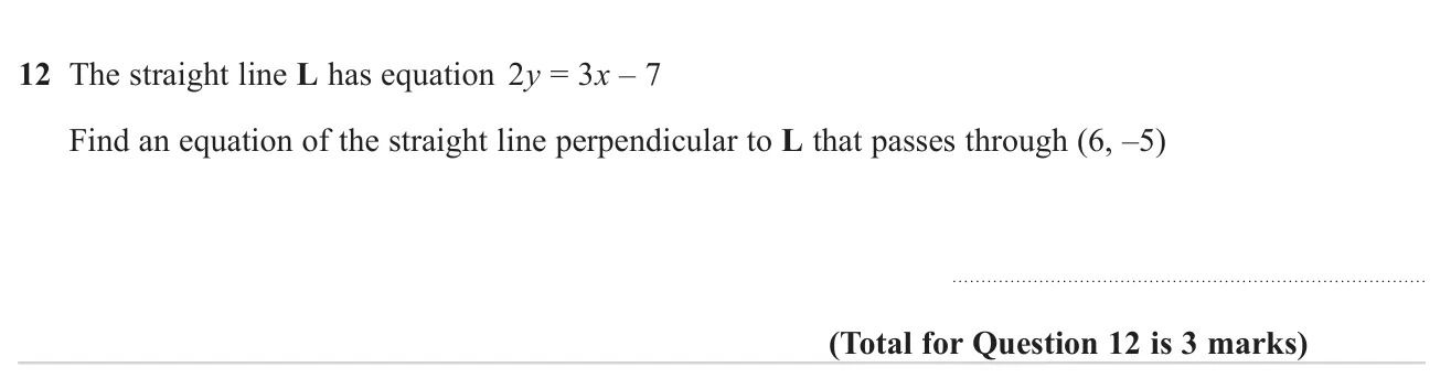 Find the equation of a line perpendicular to a given line through a given point.