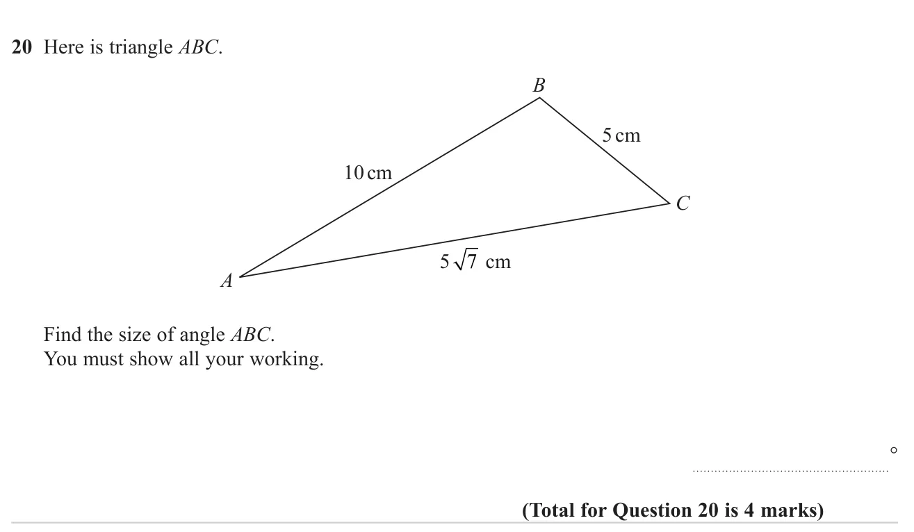 Use the cosine rule with a surd side length to find an angle in a triangle without a calculator.