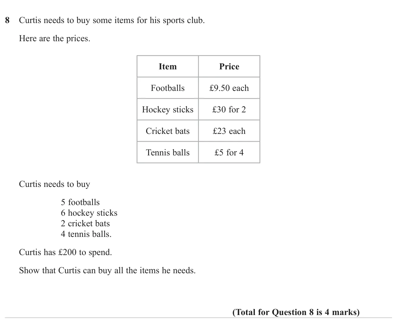 Add up the cost of several sports items bought at given prices and show the total is within a budget.