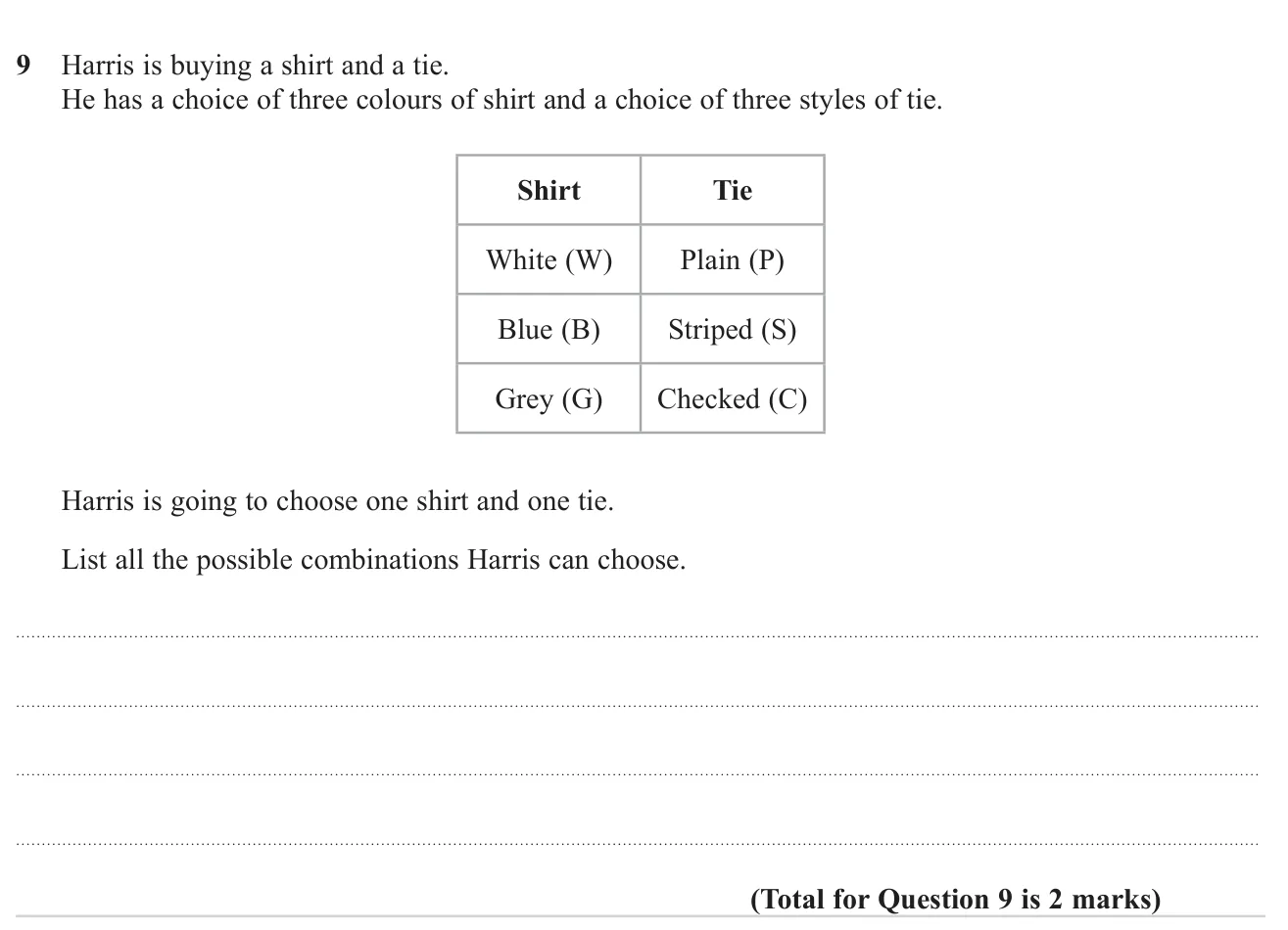 List every shirt-and-tie combination from three shirt colours and three tie styles.