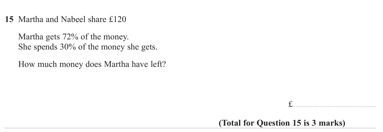 Find a percentage share of a sum, then how much remains after a percentage of that share is spent.