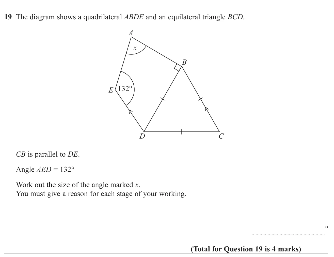 Find a missing angle in a quadrilateral joined to an equilateral triangle, using parallel lines, giving reasons.