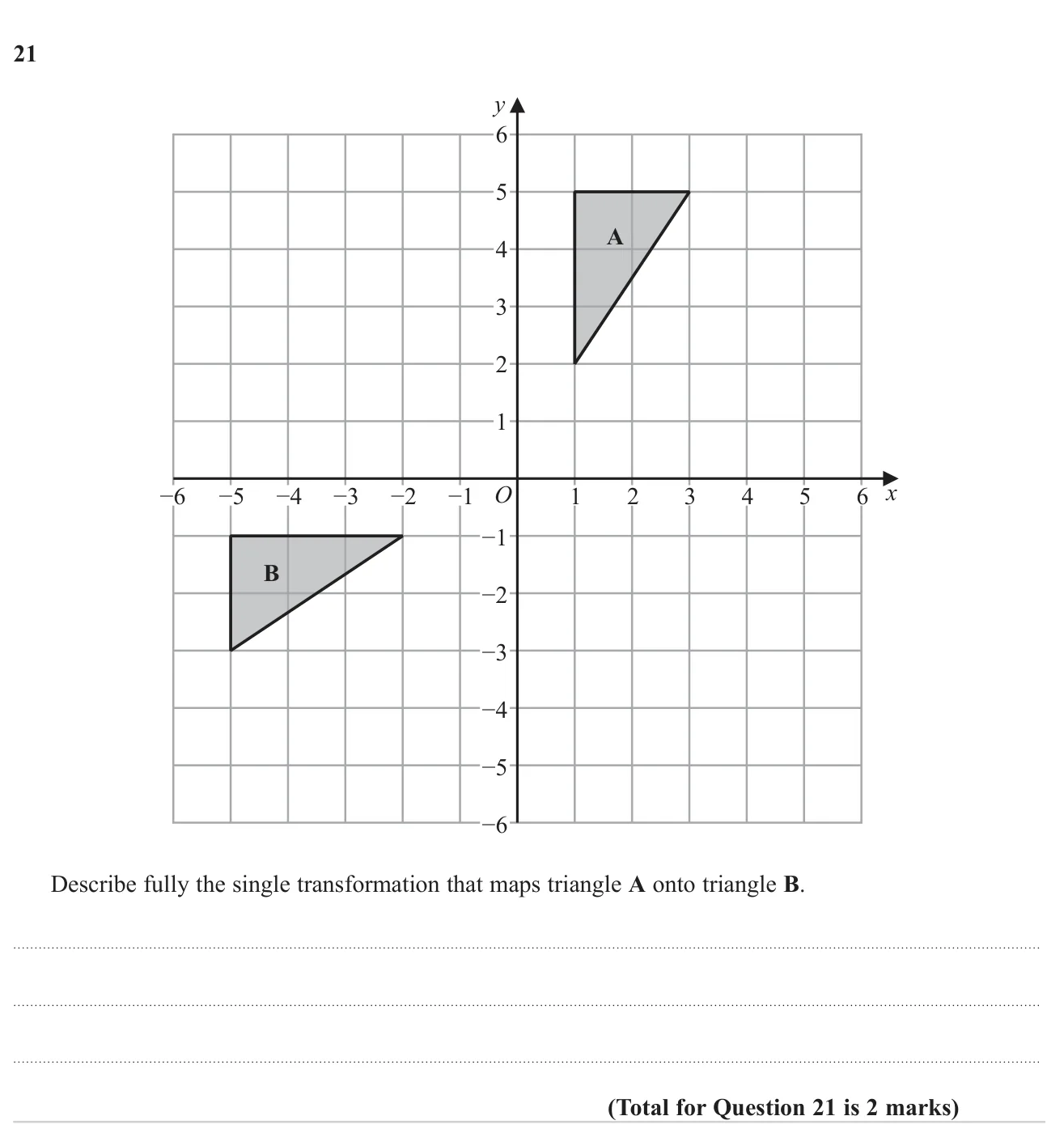 Describe the single transformation taking one triangle to another on a coordinate grid.