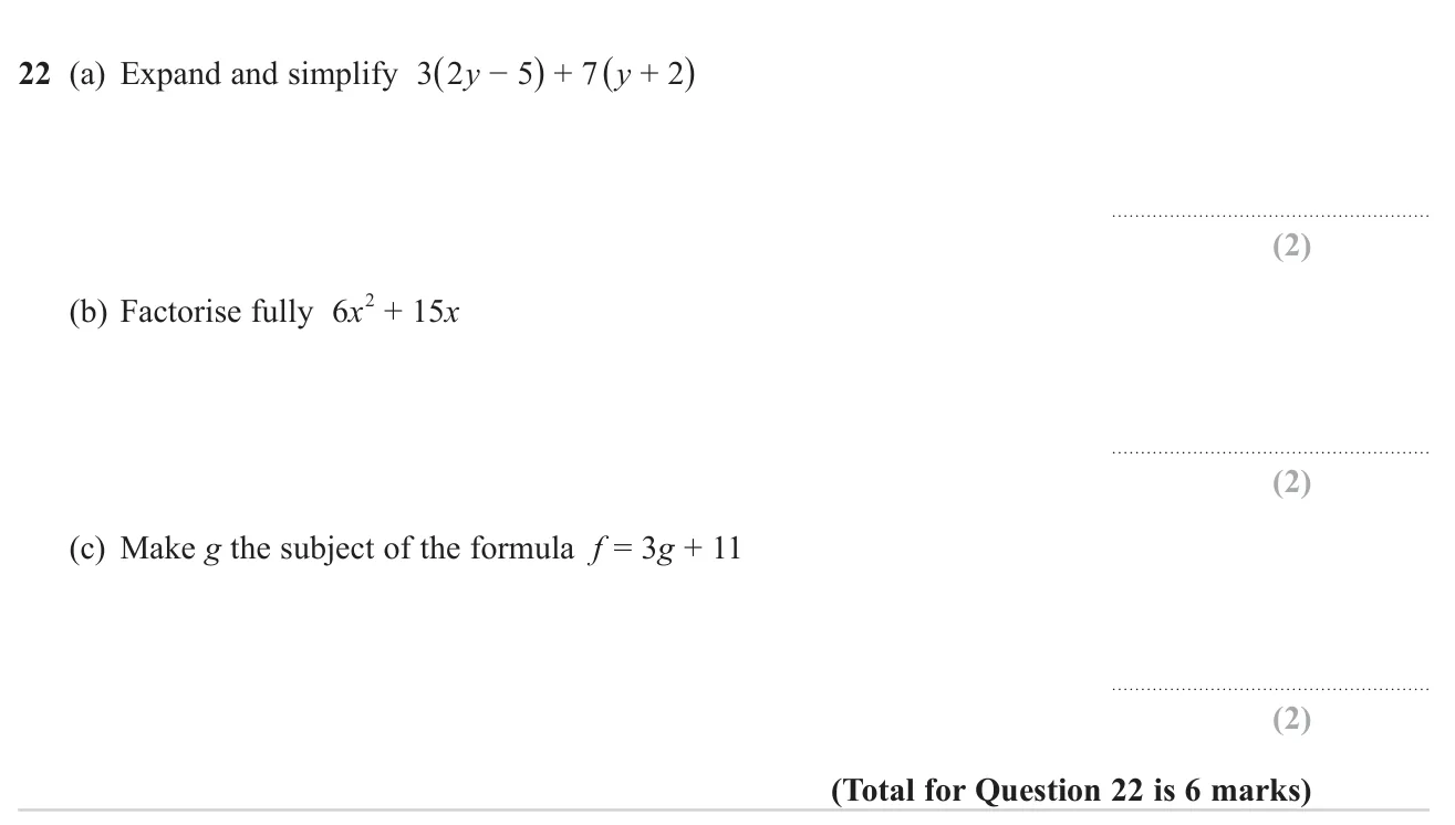 Expand and simplify two brackets, factorise a quadratic expression fully and rearrange a linear formula.