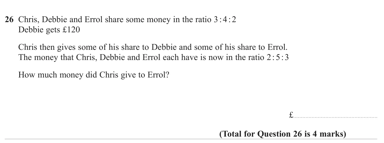 Use a share in a three-way ratio to find the total, then compare with a new ratio to see how much one person passed to another.