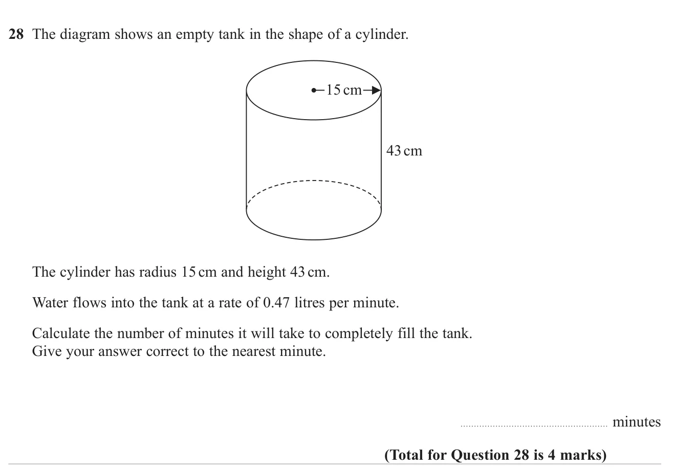 Find the volume of a cylinder, convert it to litres and work out the filling time at a given rate.