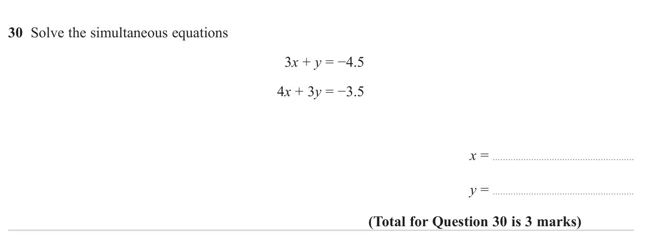 Solve a pair of linear simultaneous equations with decimal constants.
