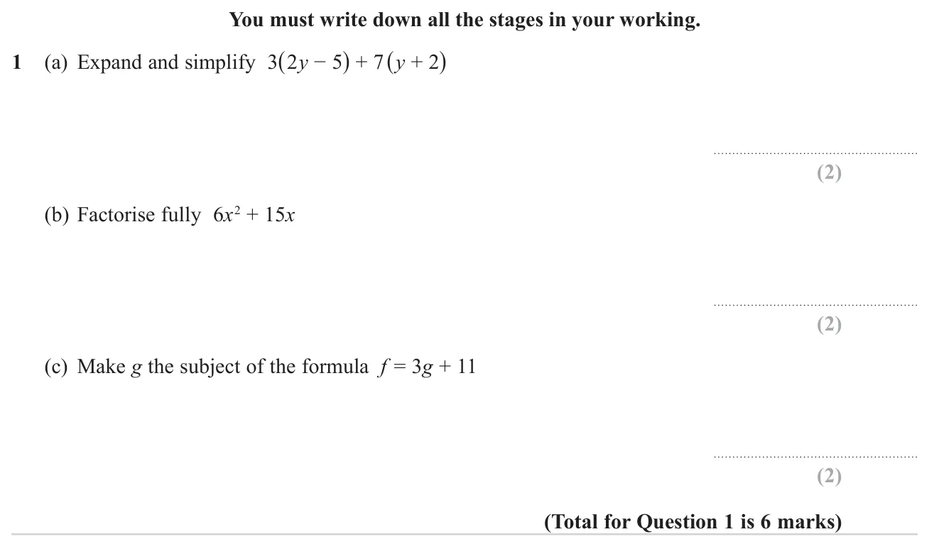Expand and simplify a sum of two brackets, factorise a quadratic expression fully, and rearrange a linear formula.