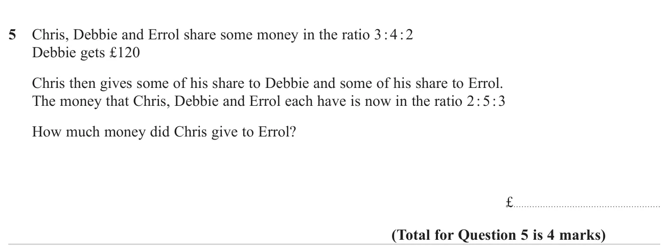 Use a share in a three-way ratio to find the total, then compare with a new ratio to see how much one person passed to another.